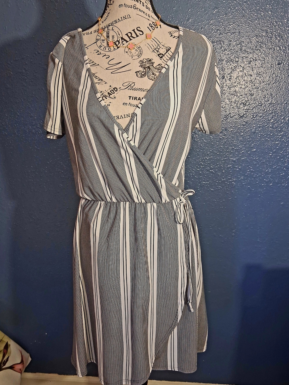 Derek Heart Gray & White Striped Wrap Mini Dress